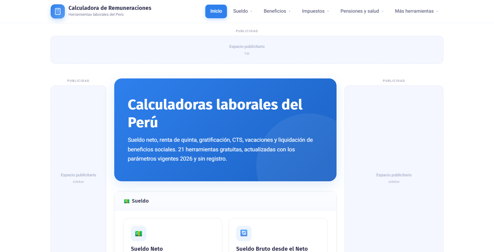 Vista del proyecto Calculadoras Laborales del Perú